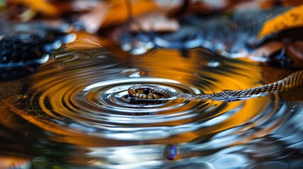 Water Snake Gliding Elegantly Over Autumn Leaf Reflected Water