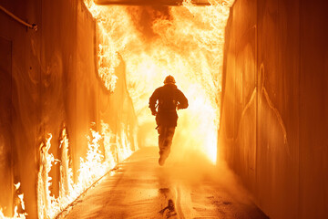 Urgent evacuation person running towards emergency exit fire hazard scenario copy space 