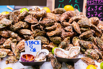 Frische Austern, Mercat de la Boqueria, berühmter Markt an den Ramblas in Barcelona, Spanien