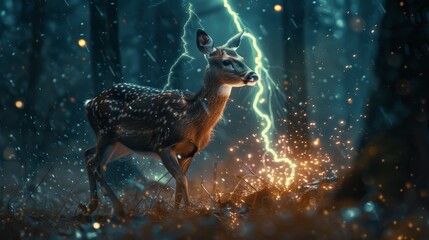 A deer stands in a field, as lightning strikes a tree behind it.