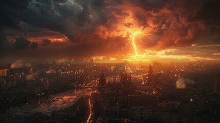 A landscape in the style of studio depicting a bright lightning bolt against a dark sky. the city center rages below