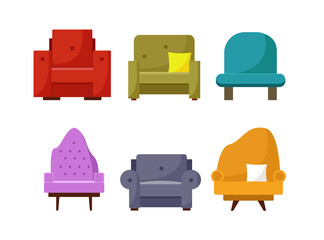 A set of modern furniture in various styles and options. bright modern armchairs. Vector illustration.