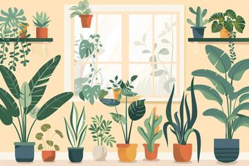 Vector illustrations of diverse houseplants encouraging plant care and zero waste home decoration 