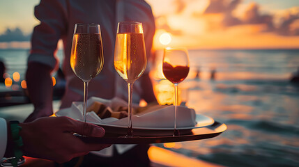 Waiter serving champagne on a tray. Summer beach sunset holiday vacation.  - Powered by Adobe