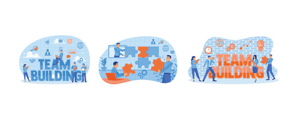 Successful teamwork. Solving work problems in the office. Communication and cooperation ideas. Team Building concept. Set flat vector illustration.