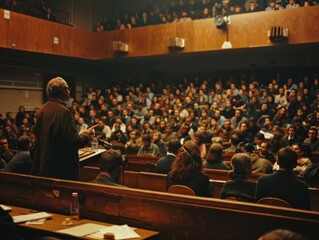 A professor lecturing in an amphitheater or classroom. 