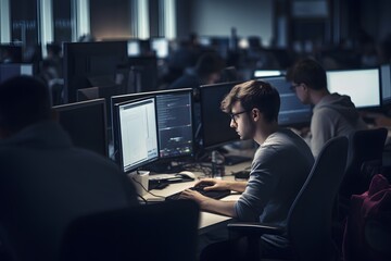 Lots of people working at their desks on their computers.