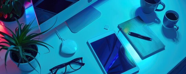 shot of a tech office desk, with glowing screens and reflective surfaces in a night setting.
