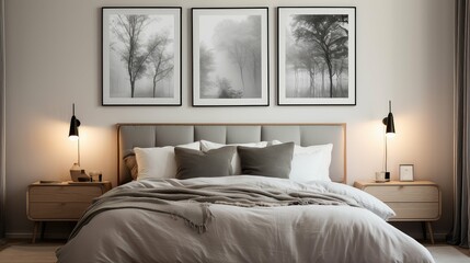 bed room with framed pictures grey