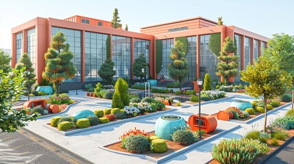 Corporate plaza with eco-friendly buildings, featuring green walls, water recycling systems, and sustainable infrastructure