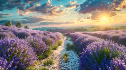 Obraz premium Picturesque lavender field at sunset in Provence, the rows of purple flowers bathed in soft evening light