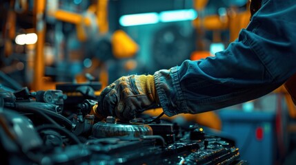 Close-up shot of auto mechanic in auto repair shop checking engine oil and engine in garage