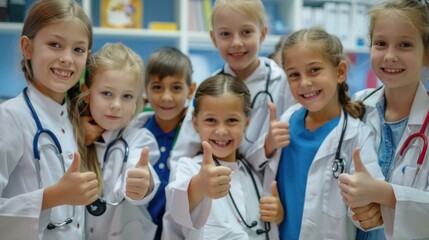 A group of children veterinarians smiling, having thumbs up standing in the veterinary office