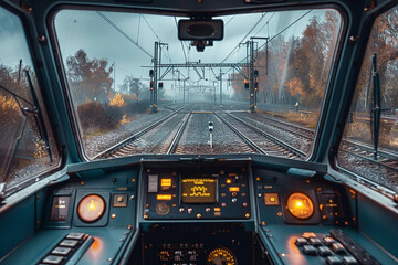 View from inside a drivers cabin of a heavy freight train, rails stretching out, embodying the backbone of industrial logistics 