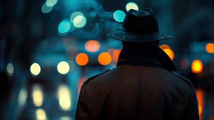 Noir detective in trench coat walks rainy street. Smoke curls, neon glows. Cinematic.