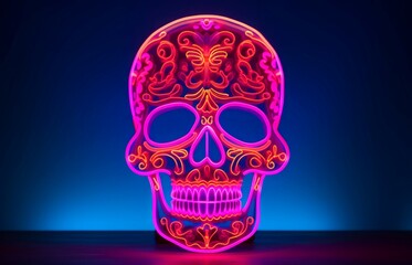 Translucent Skull neon light. Head horror. Generate Ai