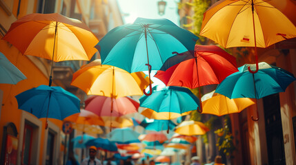 Cinematic view of colorful umbrellas fill bustling tourist street, sunlight peeks through