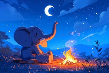 cartoon elephant lighting a campfire at night