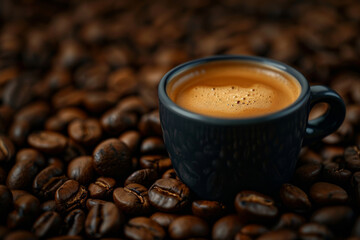 Fototapeta premium Close-up image of a blue cup filled with freshly brewed espresso, nestled amongst roasted coffee beans, capturing the essence of a rich and energizing coffee experience