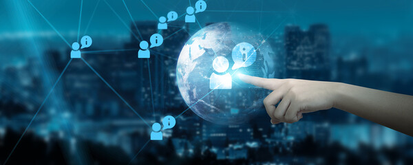 Hand Touching global network connection on information, communication, data, collaboration, technology, and futuristic innovation, heralds a new era in the interconnected world. 