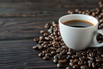 White ceramic cup filled with rich, black coffee sits among scattered roasted coffee beans on a dark wooden surface, depicting a fresh and aromatic start to the day