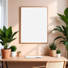 Wooden square poster frame mockup in airy, plant-filled, nature-inspired home interior background, 3d render