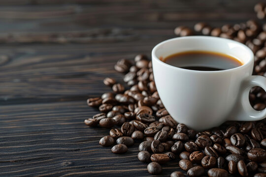 White ceramic cup filled with rich, black coffee sits among scattered roasted coffee beans on a dark wooden surface, depicting a fresh and aromatic start to the day