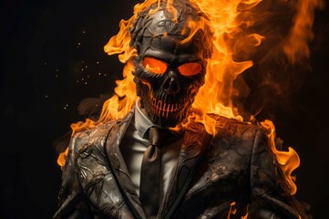 Intimidating Skull fire suit. Person smoke. Generate Ai