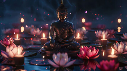 Buddha statue with lotus flower on Blur Dark night background