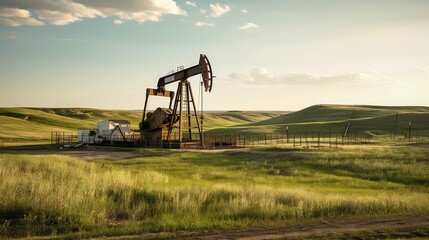 landscape north dakota oil well - obrazy, fototapety, plakaty