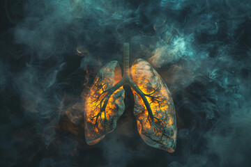 Visualization of a lung partially obstructed by fluid, highlighting the condition of pulmonary edema and its impact on breathing  - obrazy, fototapety, plakaty