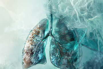 Visualization of a lung partially obstructed by fluid, highlighting the condition of pulmonary edema and its impact on breathing  - obrazy, fototapety, plakaty