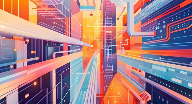 This vibrant and dynamic symbolizes the efficiency and seamless processes of serverless computing The image depicts an intricate network of interconnected servers and data flows with sharp lines 