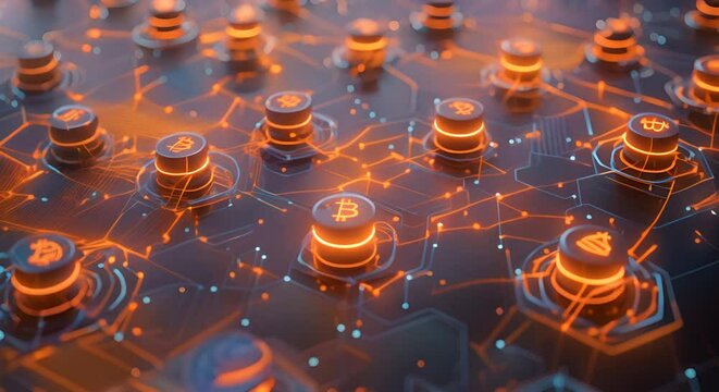 This image showcases a high angle view of a complex futuristic digital network of interconnected nodes symbolizing smart contracts The intricate pattern of lines shapes and geometric 