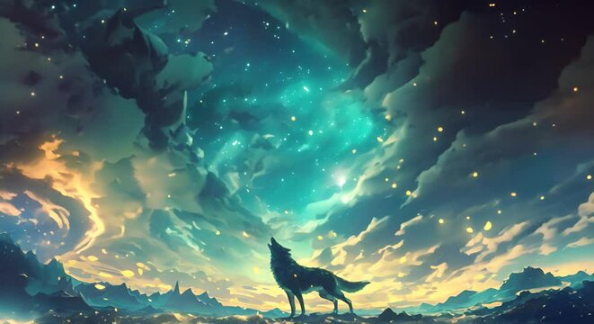 A lone wolf raises its head to the stormy night sky howling into the gathering clouds as lightning flashes in the distance The wolf stands silhouetted against the moody atmospheric landscape its call