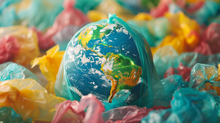 World Plastic bag free day concept Globe in the wast polythene and plastic garbage