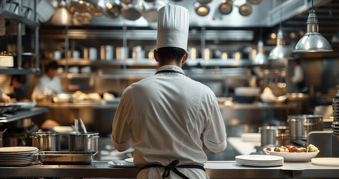 Back view of a chef working on a restaurant. Generative AI.