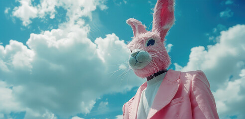 Serene Whimsical Portrait with Pink Rabbit Mask and Pastel Pink Overcoat Against Dreamy Cloudscape