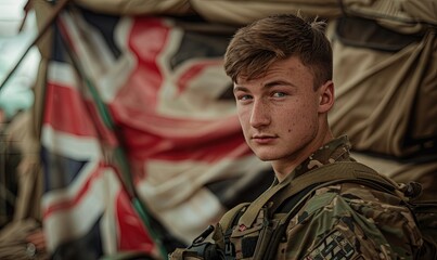 Fototapeta premium A young British soldier with military equipment stands in front of the English flag.