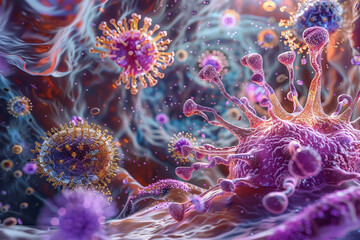 Obraz premium Visualization of the silent battle between the human immune system and an invading virus, illustrating the complexities of viral infections 