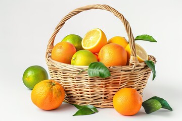 citrus fruits in basket on white background