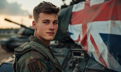 Fototapeta premium A young British soldier with military equipment stands in front of the English flag.