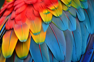 Obraz premium Vividly colored bird feathers, a close-up that speaks to the richness of avian species and the threat of their decline 