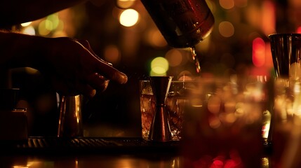 Mixology seminar, bartender demonstrating cocktail techniques, dim mood lighting, close-up of shaker and glass 