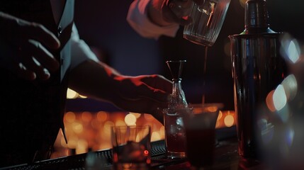 Mixology seminar, bartender demonstrating cocktail techniques, dim mood lighting, close-up of shaker and glass