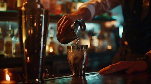 Mixology seminar, bartender demonstrating cocktail techniques, dim mood lighting, close-up of shaker and glass 