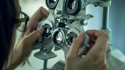 Optometry seminar, optometrist adjusting lenses on phoropter, close-up with clinical precision 