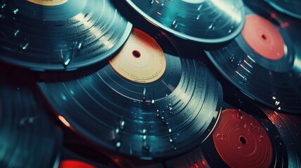 a photo of a collection of vinyl records that has been altered to add light leaks and scratches for authenticity. Concept of music appreciation in retro style