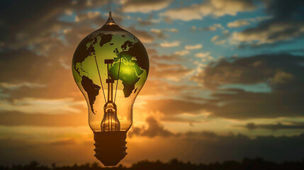 The silhouette of a light bulb against a dusk sky, within it a green world map illuminates ideas of global unity in the pursuit of renewable energy solutions, 