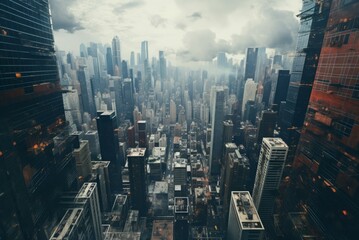 Panoramic Skyscraper crushing dust view. Concrete wall. Generate Ai